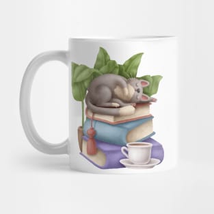 Cute Cat Napping on Books with Tea Mug